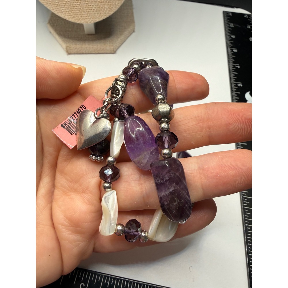 Amethyst and Mother of Pearl Double Strand Stretch Bracelet Purple Heart‎ Charm